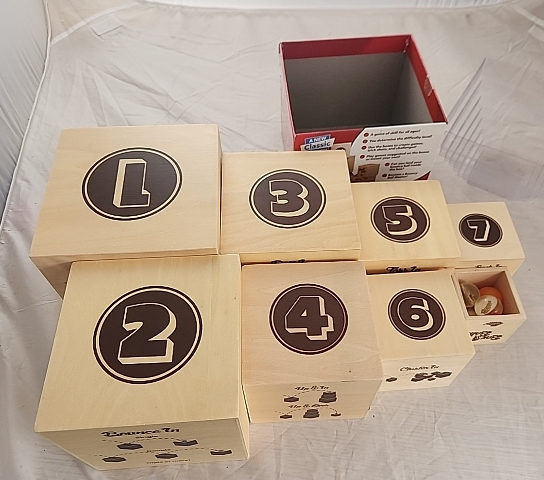 Fat Brain Toy Co. Box & Balls Game Wooden Toy Used Comes w/ Six Balls!