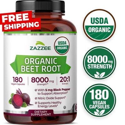 USDA Organic Beet Root 8000 mg Strength 20:1 Extract, 180 Vegan Capsules, Kosher