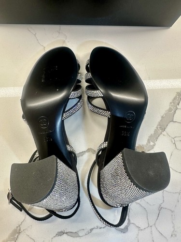 CHANEL sandals black silver rhinestone ankle strap suede open toe EU 36.5 NEW - Picture 5 of 8