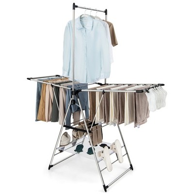 2-Tier Stainless Steel Foldable Clothes Drying Rack w/Hanging Bar & Netting Rack