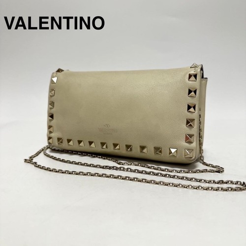 Valentino Shoulder Bag Purse Chain Rockstuds Leather Off White Authentic