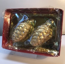 2 1980 s Gold Glass And Glitter Pine Cone Shaped Christmas Holiday Ornaments