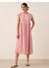 Lintico Joan Dress 100% Linen Sz L Pink Midi Maxi Loose Relaxed Pockets Coastal