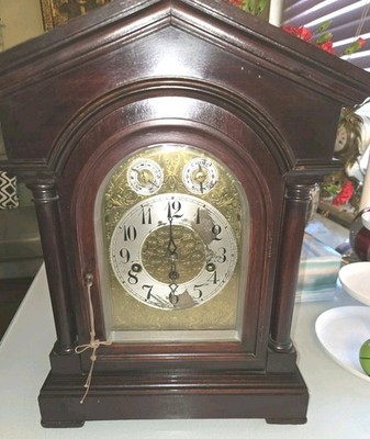 Antique Junghans German Mahogany Mantel Clock Runs Chimes And Keeps The Time A52