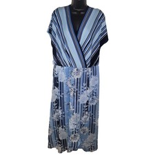 Lane Bryant Blue Floral Stripe Short Sleeve Maxi Faux Wrap Dress Size 18