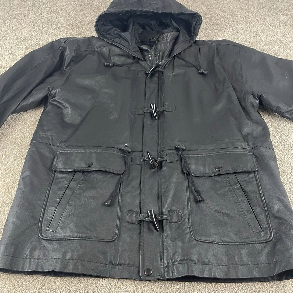 Abrigo Chaqueta de Cuero Wilsons De Colección Para Hombres XL Con Capucha Lona Palanca Acolchado Forrado Negro Foto 2 de 4