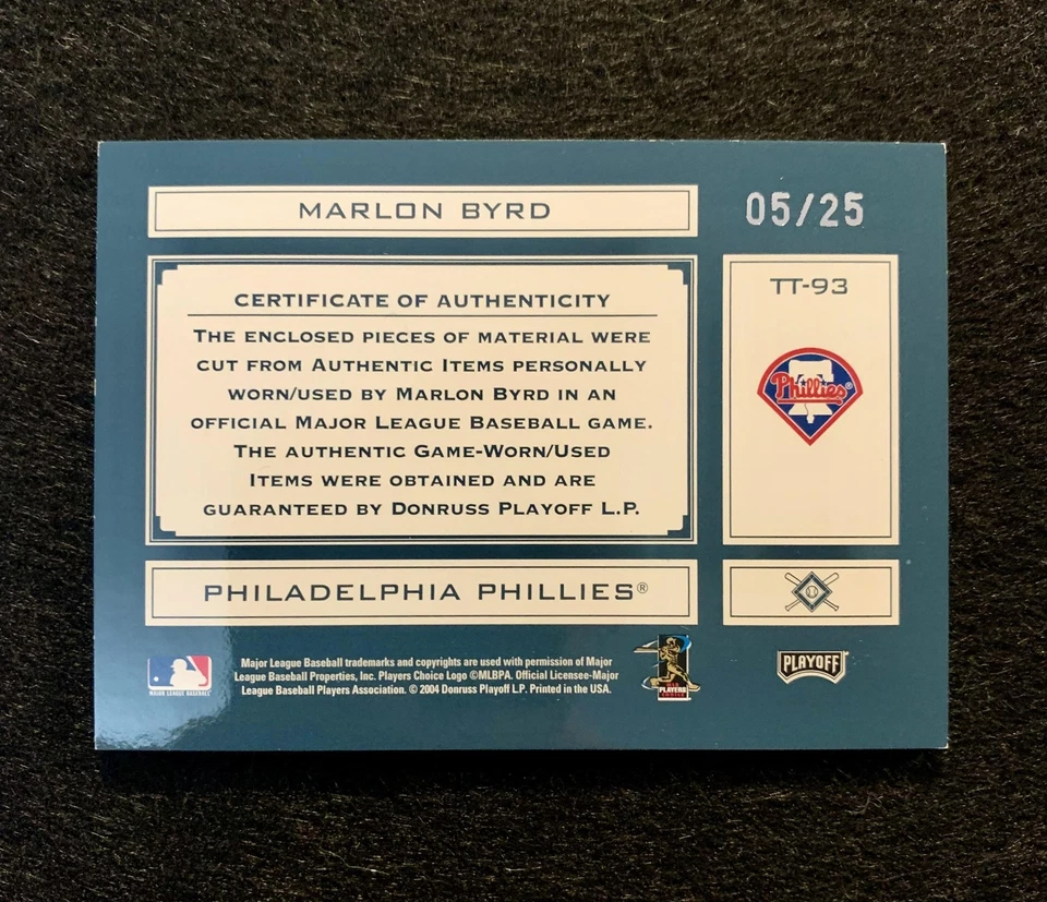 Playoff Absolute Memorabilia 2004 Marlon Byrd #/25 Herramientas del Comercio Material 6 Foto 2 de 2