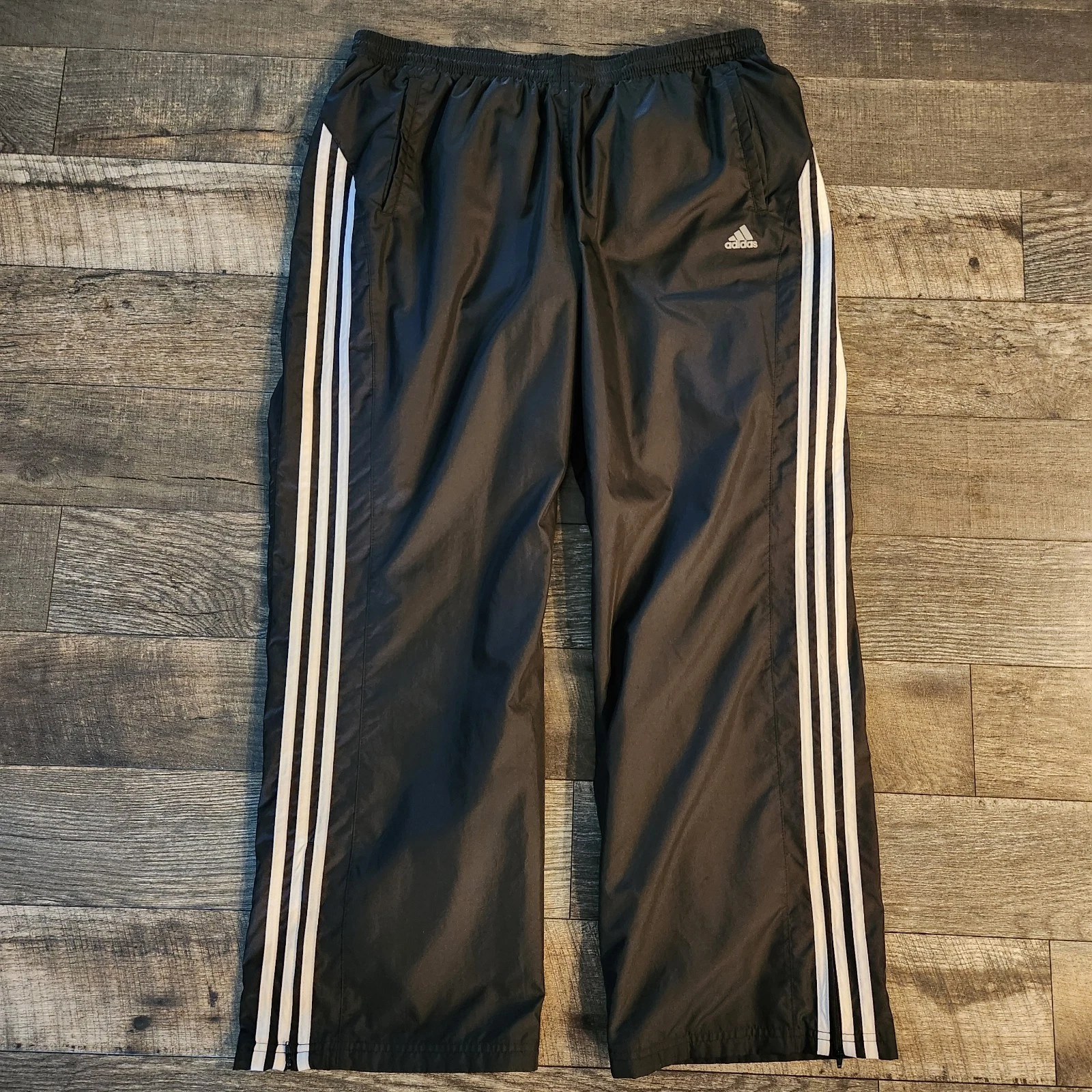 Adidas 3 Stripe Track Pants Wide Leg Mens XL Windbreaker Black Zip Ankle