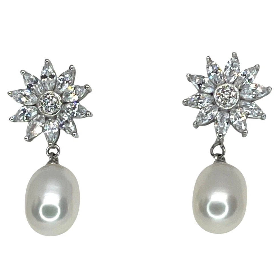 Pendientes colgantes de perlas de plata esterlina (9 mm) con flores impresionantes de lujo de moda elegantes NUEVO Foto 4 de 4