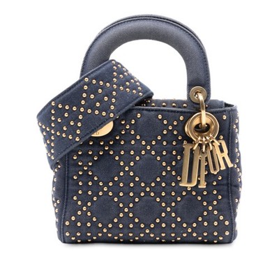 Dior Mini Denim Cannage Studded Supple Lady Pre-Loved Satchel Marine