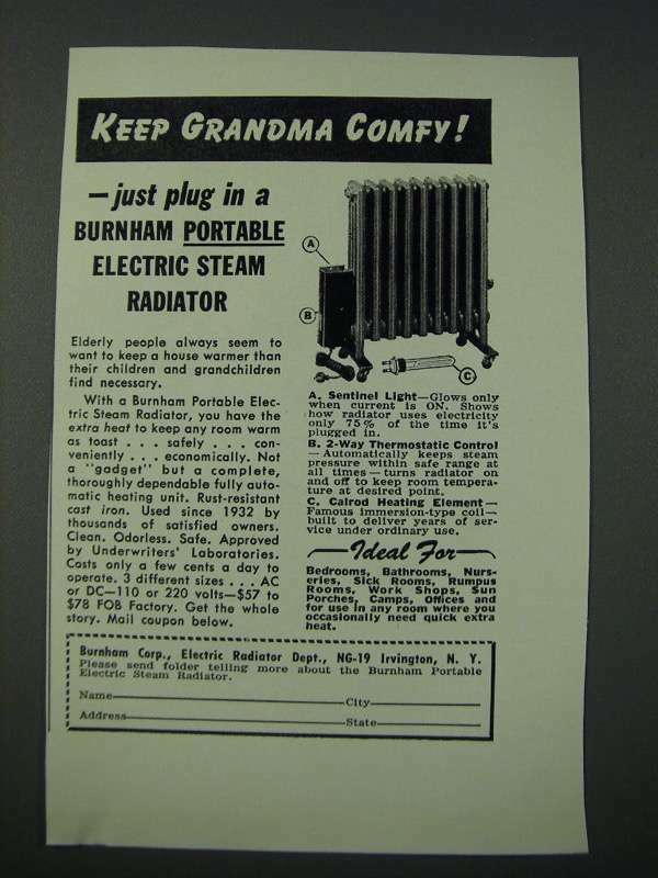 1949 Burnham Portable Electric Steam Radiator Ad - Keep Grandma Comfy | eBay