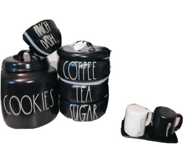 Rae Dunn Black Canister Set COOKIES Coffee Tea Sugar Salt Pepper