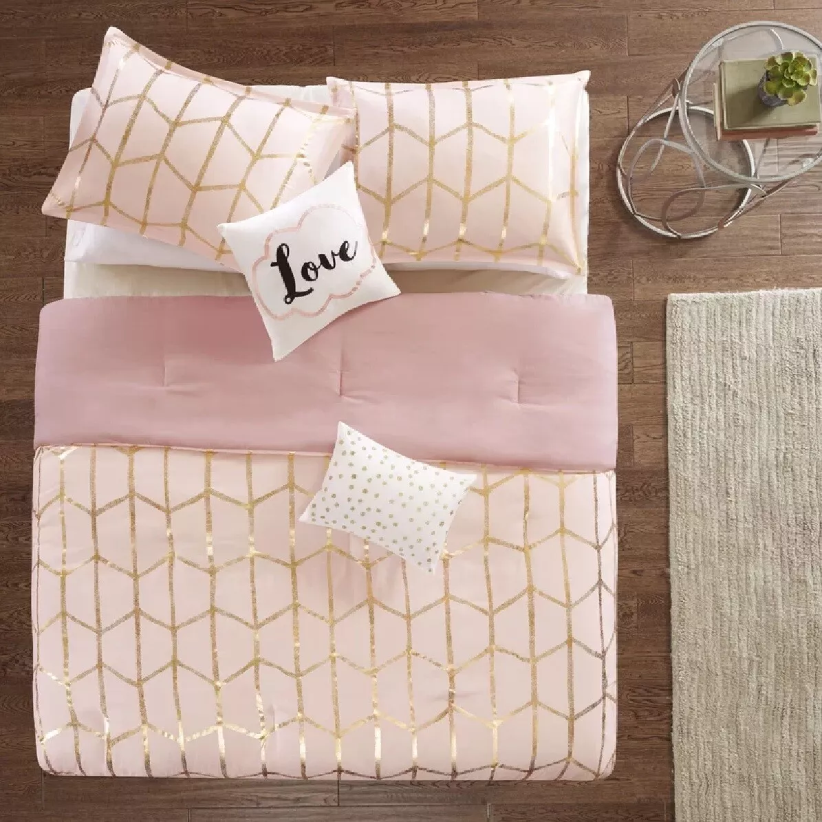 Comforter Set Twin Pink Gold Metallic Print Microfiber Shams Teen