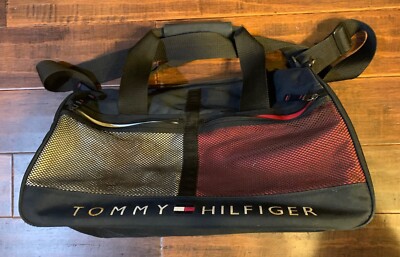 Vintage 90s Tommy Hilfiger Black 23.5x12x13 Box Flag Logo Duffle Bag