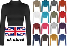 Womens Turtle Neck Crop Long Sleeve Plain Ladies Polo Short Stretch Top 8-14