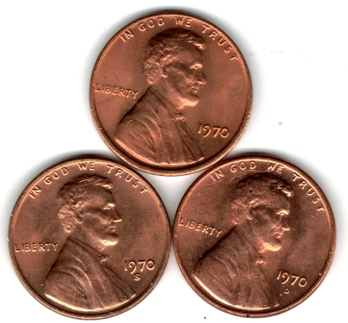 1970 P , D AND S LINCOLN CENTS IN BRILLIANT UNCIRCULATED CONDITION ( 3 COINS )