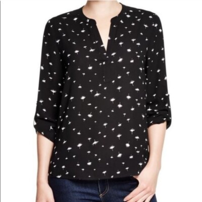 Daniel Rainn Black & White Dandelion Print Split Neck Blouse 3/4 Sleeve Top $88