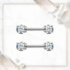 Nipple Bars of 14kt White Gold Double Prong CZ Gems 14 Gauge 12 mm Pair