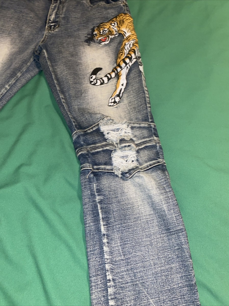 パンツ Washed Gradient Tiger Jeans y2k opium Y2K Tiger Jeans - Retro Hip Hop Denim, Loose Fit, High Waist