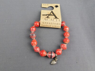 Acacia Creations Fair Trade Recycled Paper Bead Bracelet Heart Charm Kenya NEW