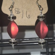 Handcrafted Oval Beaded Dangle Earrings Red Silver Metal for Women