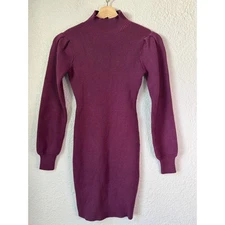 ANRABESS Women Ribbed Knit Mock Neck Puff Sleeve Bodycon Sweater Dress Plum S