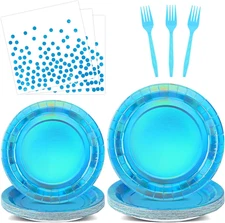 100pcs Iridescent Blue Plates and Napkins Party Supplies Iridescent Disposabl...