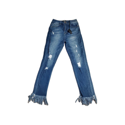 F-WAY Size 3 Denim Distressed Straight Leg Fringed Bottom Juniors Jeans 