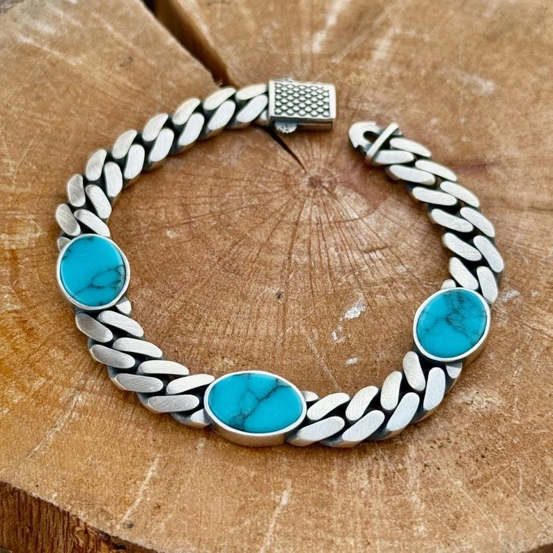 Silver Turquoise Chain Bracelet Turquoise Gem Silver Curb Chain Bracelet - Image 2 of 4