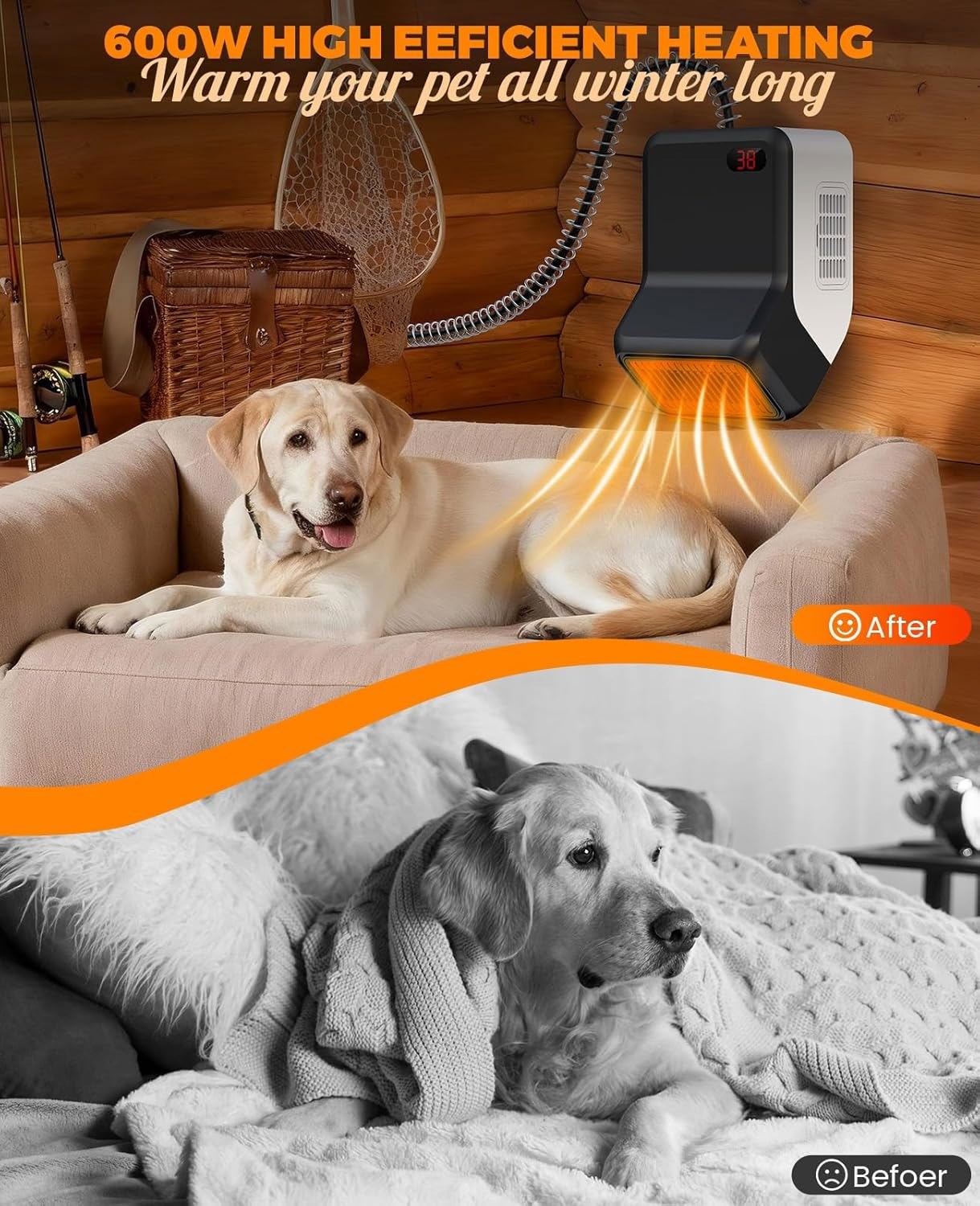 Thermostatic Dog Heater Pet House Wall-Mounted Warmer W/ Anti-Bite Wires 600W