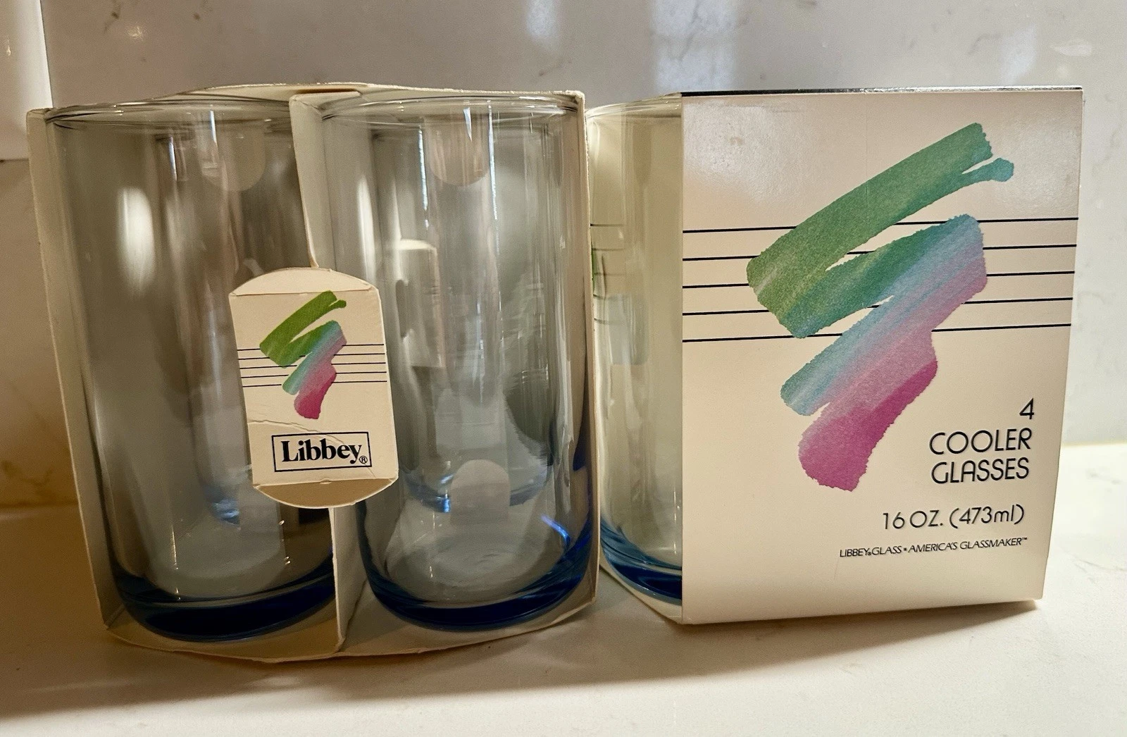 Libby 80’s Vintage Cooler Blue Glasses 8 Drinking Glasses Original Box USA VTG
