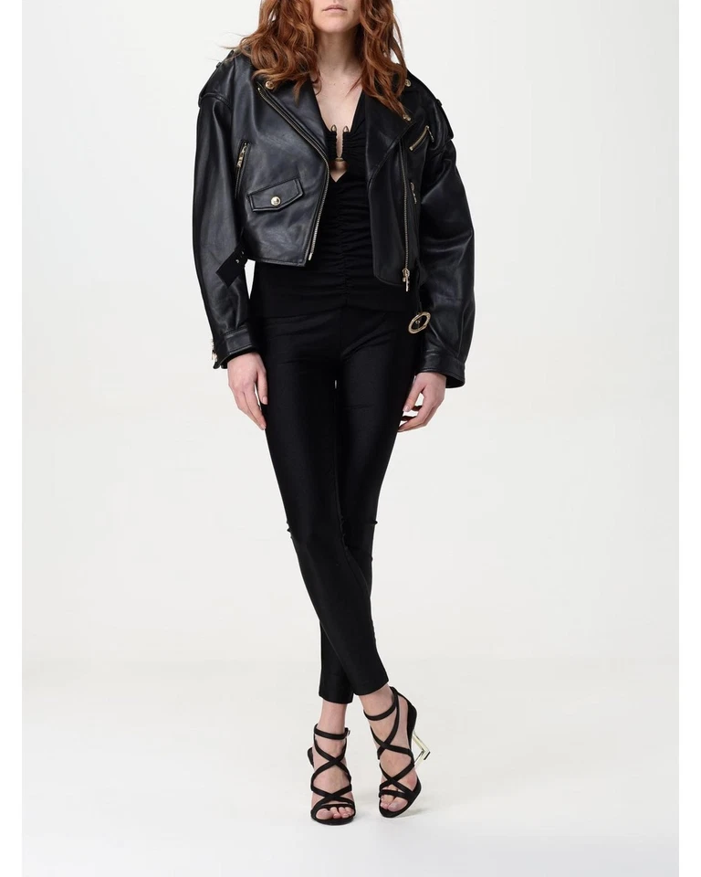 Just Cavalli Cropped Leather Biker Jacket Women Black - Image 2 of 4