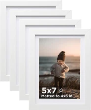 5x7 Picture Frame White Set of 4, Wooden Photo Frames Matted 4x6 with Plexiglass