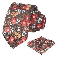 Mens 3.15'' Natural Flower Pattern Tie with Floral Pocket 146-brown orange red