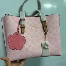 Coach Mollie Tote Bag 25 In Signature Canvas With Charms Gold/Powder Pink CER24