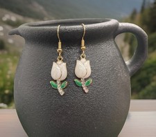 1.5 Gold-tone Enamel Tulip Rhinestone Dangle Earring Set New Free Ship B8953