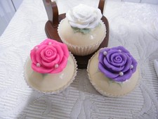 3-ARTIFICAL -FAKE ,REALISTIC look CUPCAKES TOPPED WITH ROSES w/pearls 2.5"