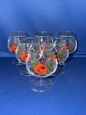 6 STUNNING VINTAGE MID CENTURY KITCH STEMMED BRANDY GLASS ROSES DESIGN GOLD RIM