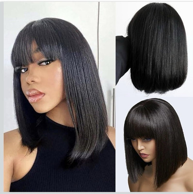 Black Straight Human Hair Bob Wig with Bangs, Medium Classic Cap, Comb Strap