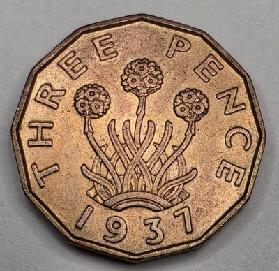 1937 Great Britain 3 Three Pence - British Coin - Nickel Brass - George VI - L5