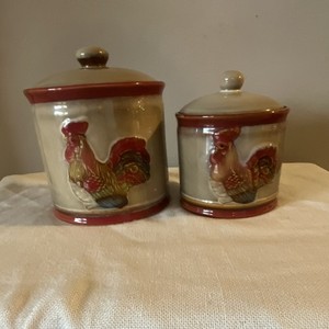 Set of 2 Ceramic Round Canisters with Lids, Rooster Pattern, Red Beige