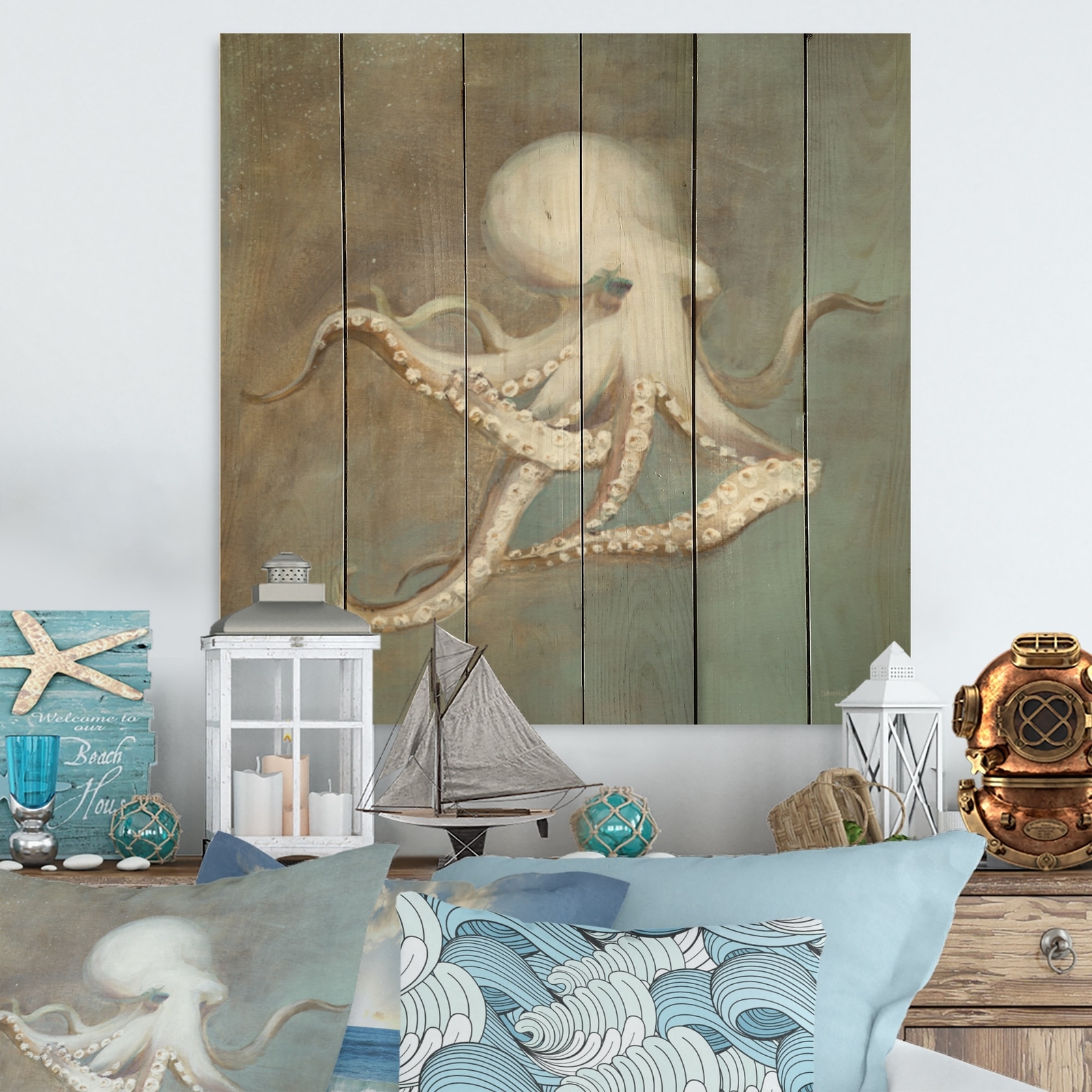 Designart 'Octopus Treasures From The Sea' Nautical & Coastal Wood Wall Art