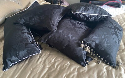   NEW Black SILKY Damask Cushion Covers Tassel / Rope / Square  SEVERAL SIZES