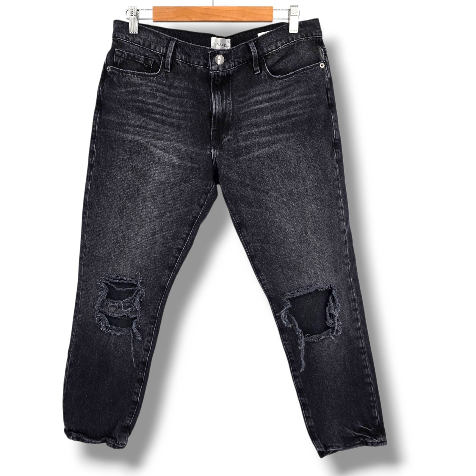 FRAME Le Garcon Crop Jeans Distressed Ripped Black Denim Womens Size 27