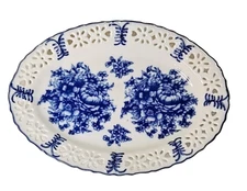 Oval Plate Home Essentials Blue Floral  Ribbon Reticulated Design Home Decor 10"