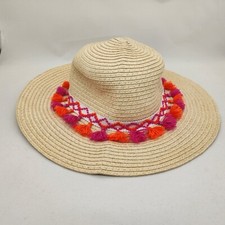 Girls Straw Beach Hat with Pink  Orange Tassel Accents