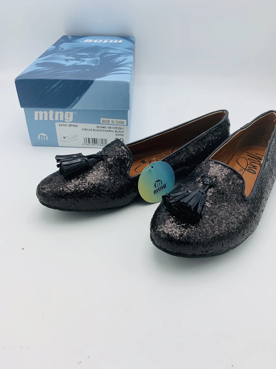 MTNG Women s Size 8 Circus Black Flats SHOES GLITTER EU39 Leather Unique Dressy