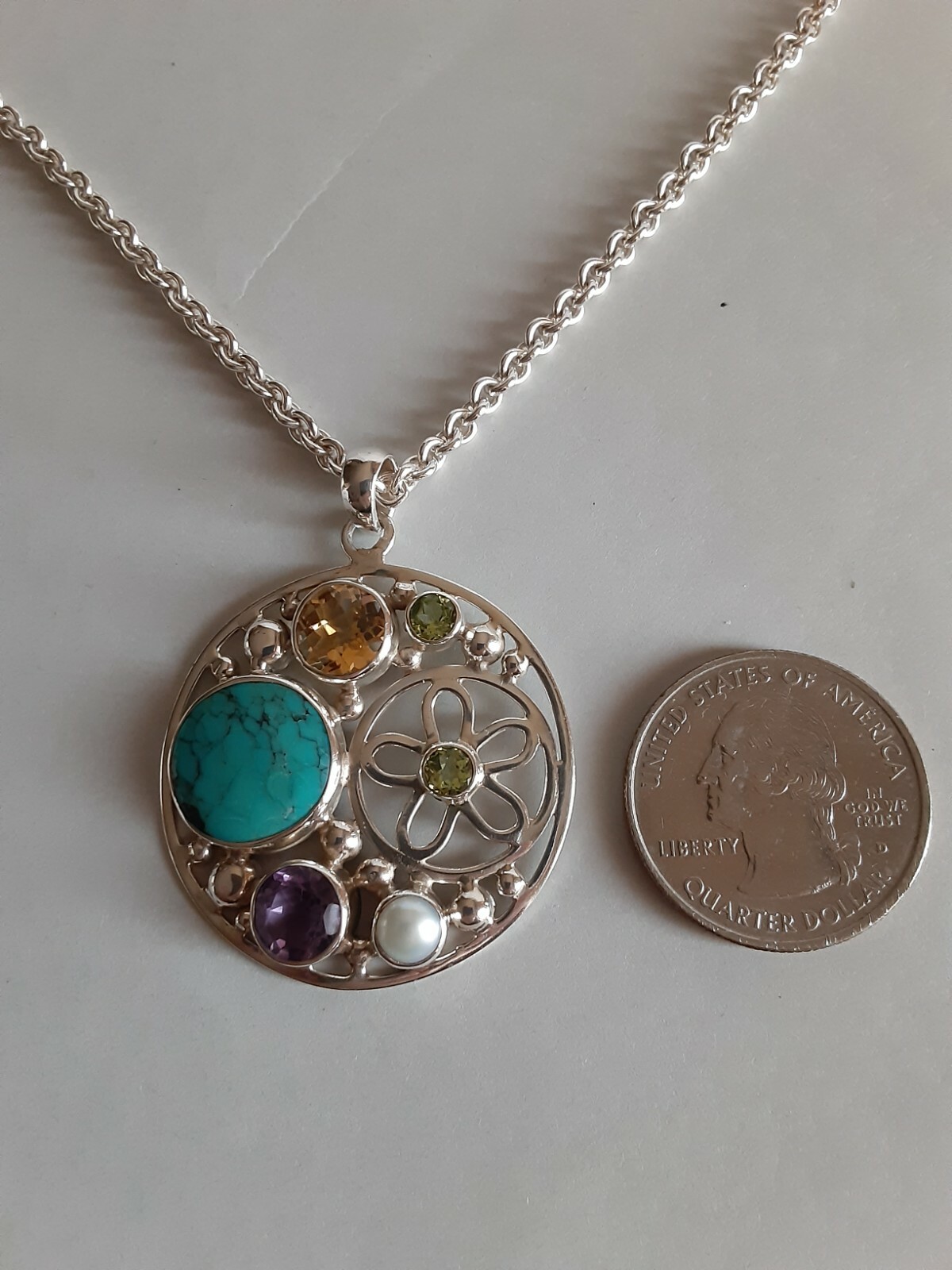 Sterling Silver Multi-gemstone Pendant/ Chain, 17… - image 7