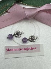 RARE Pandora Sterling Silver & 14K Amethyst Posey Compose Earrings 290620am