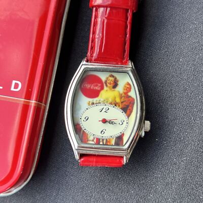 Vintage Coke Coca-Cola Wrist Watch in Refrigerator Tin Red Leather